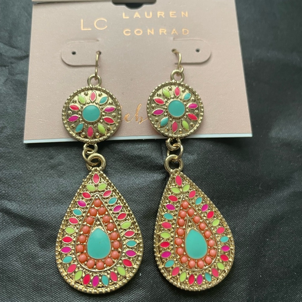 LC Lauren Conrad Gold Earrings with Pink and Turquoise Accents
